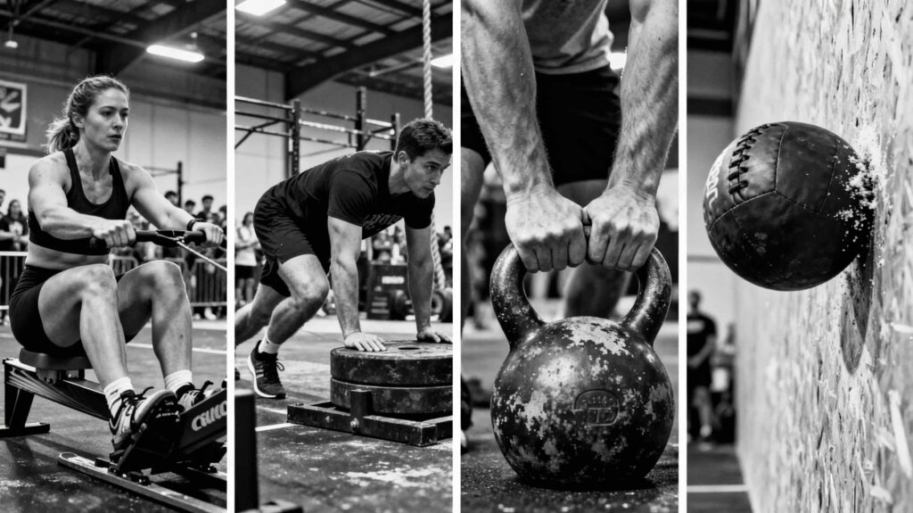 Black‑and‑white collage of four CrossFit‑style training scenes: an athlete on a rowing machine, another doing a low push on stacked plates, close‑up hands gripping a kettlebell, and a medicine ball hitting a wall mid‑throw.