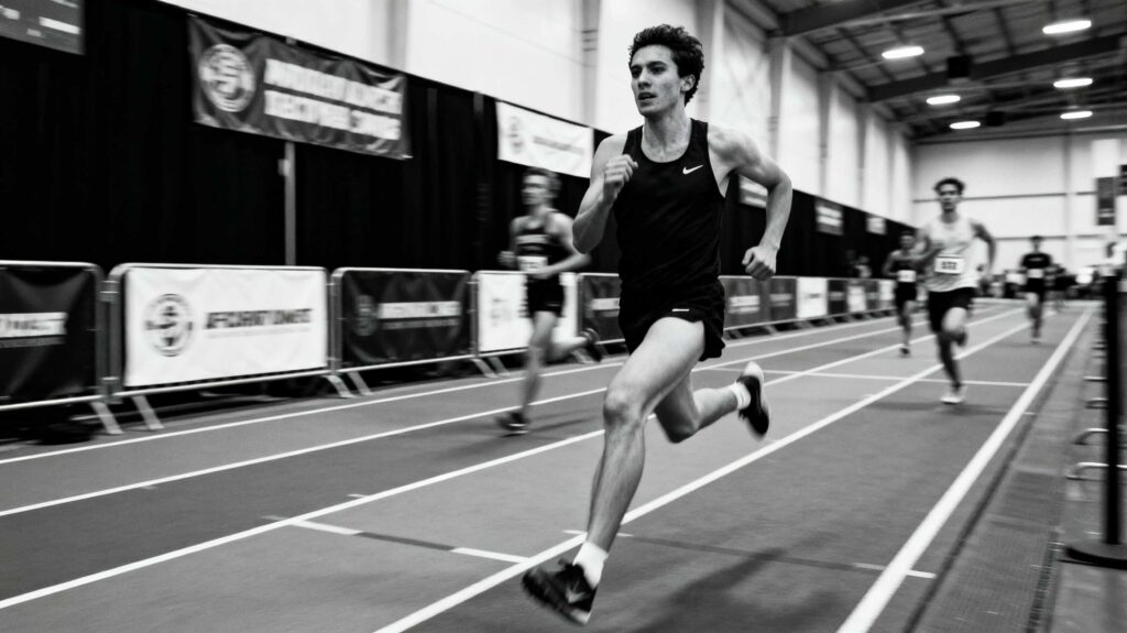 Black‑and‑white photo of an indoor track race, showing a leading runner in a dark kit sprinting toward the camera with several competitors following behind.