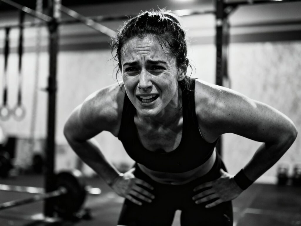 Black‑and‑white photo of a muscular athlete in a gym, leaning forward with hands on hips and sweat on their arms, suggesting exhaustion after an intense workout.