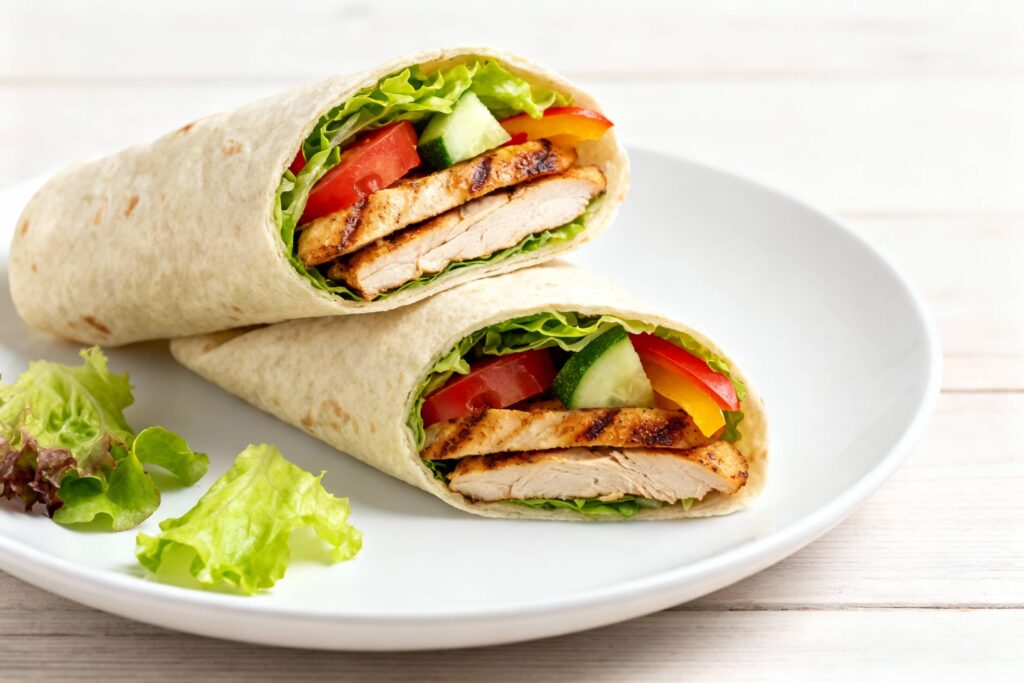 Close‑up of two grilled chicken wraps filled with lettuce, tomato, cucumber, and bell pepper, neatly arranged on a white plate with a few loose salad leaves on the side.