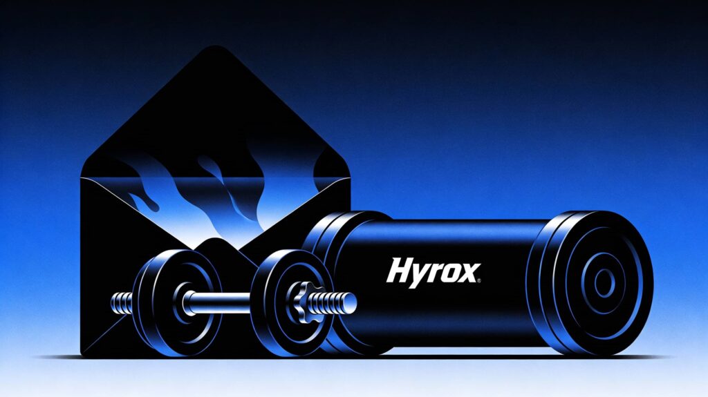 Stylized blue and black illustration showing an open envelope with flame-like shapes in the opening, next to a large barbell-shaped object labeled “Hyrox” on a blue gradient background.