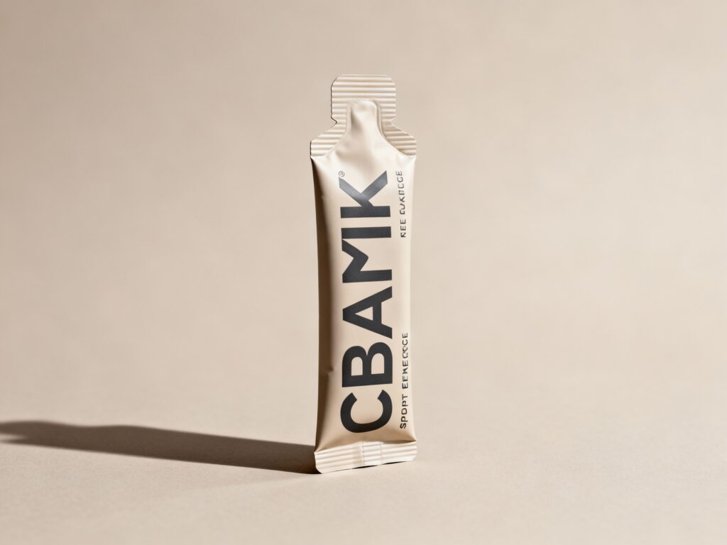 Minimal product photo of a beige single‑serve sports gel or supplement packet standing upright on a neutral background, with bold vertical branding text on the front.