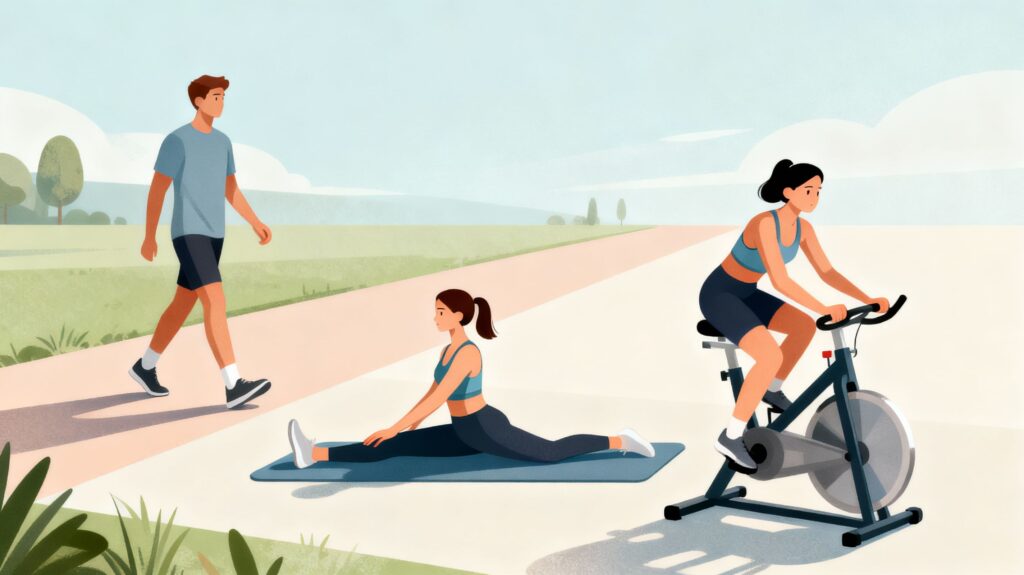 Illustrated outdoor fitness scene with a man walking on a path, a woman stretching in a split on a mat, and another woman riding a stationary bike, all in a calm park setting.