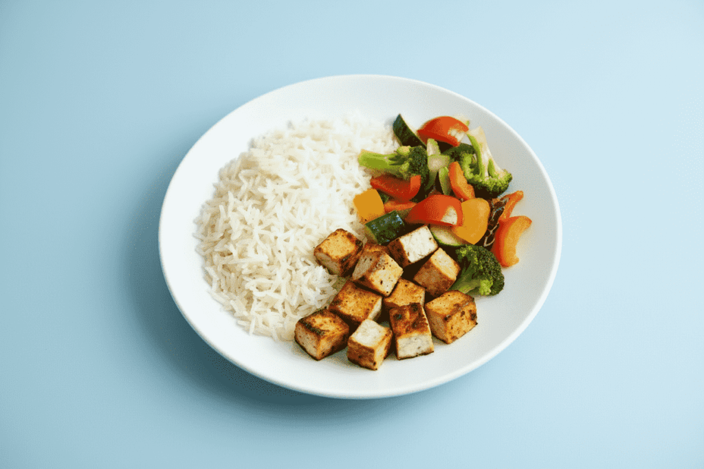 Overhead view of a white plate on a light blue background filled with steamed white rice, colorful sautéed vegetables, and golden‑brown cubes of tofu arranged in separate sections.