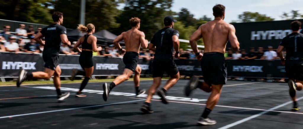 Group of HYROX athletes running on an outdoor track during a race, with a blurred crowd and HYROX-branded banners in the background.