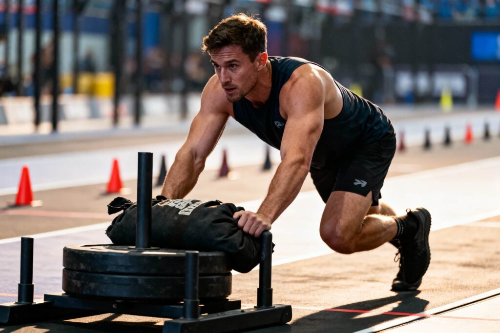 Color photo of an athlete in a sleeveless top and shorts pushing a heavy weighted sled along an indoor track, with cones marking the lane and the focus on his effort and strength.